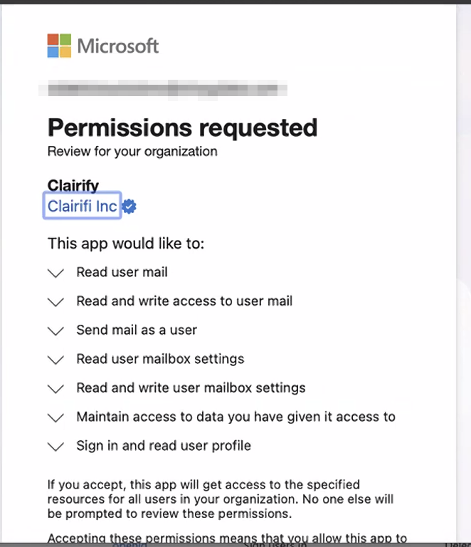 Microsoft consent screen listing the permissions Clairify requests